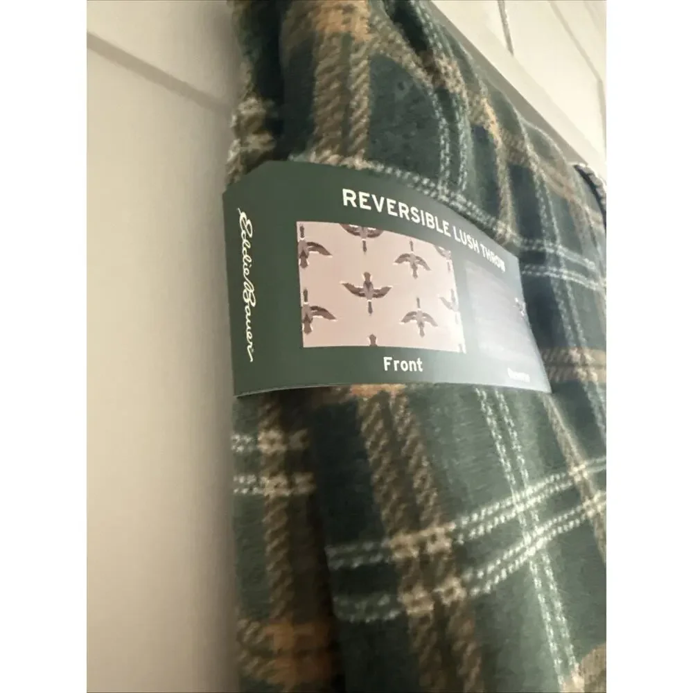Eddie Bauer MALLARD DUCK Reversible Green PLAID Lush Plush Throw Blanket Ducks